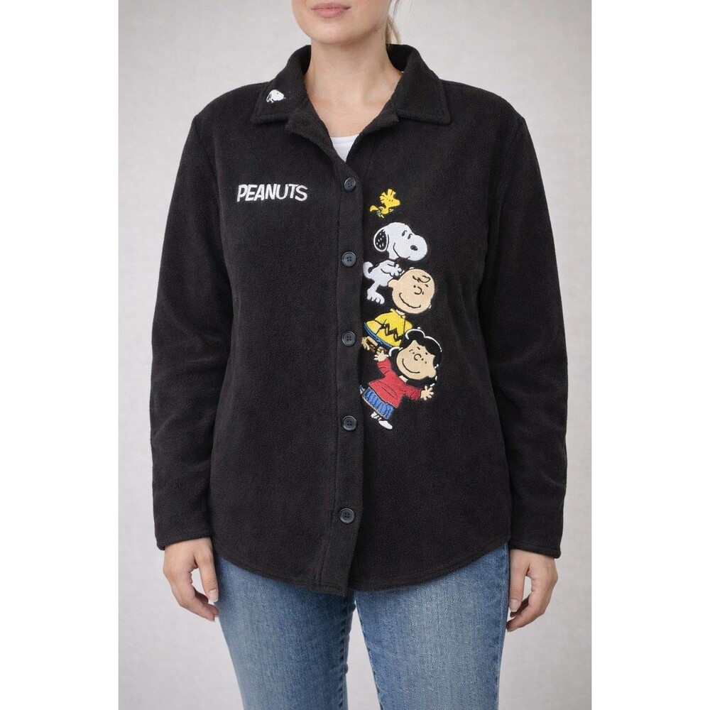 Peanuts Snoopy Charlie Brown Lucy Fleece Jacket Button Front Black Women’s Xxs